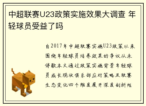 中超联赛U23政策实施效果大调查 年轻球员受益了吗