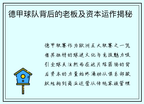 德甲球队背后的老板及资本运作揭秘